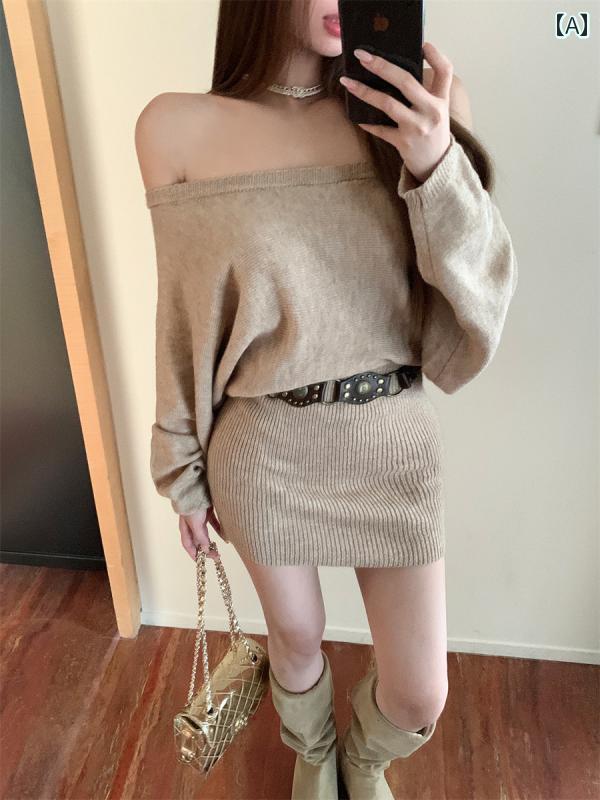 ワンピース レディース 大人 リゾート 黒 長袖 スリムフィット ワンショルダー セーター ドレス ショート スカート 秋 ヒップライン フィット