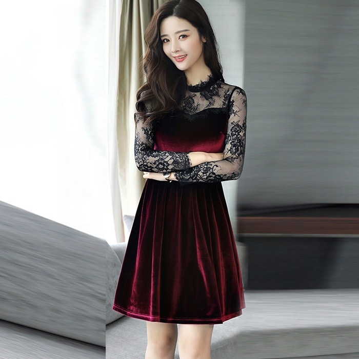 613.シースルーレースベルベットワンピース（ブルゴーニュ）