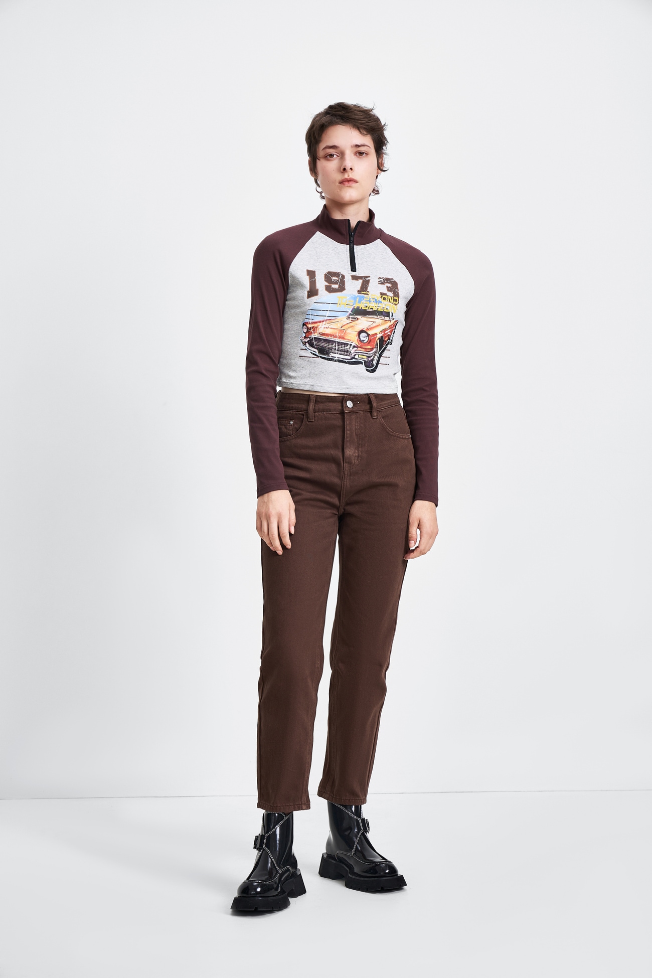 秋 冬 婦人服 レトロ アメリカンカラー コントラストプリント ハイカラー ショートTシャツ クール カジュアル ブラウン XS S M L XL トップス シャツ 袖あり 長袖 かわいい 大人可愛い