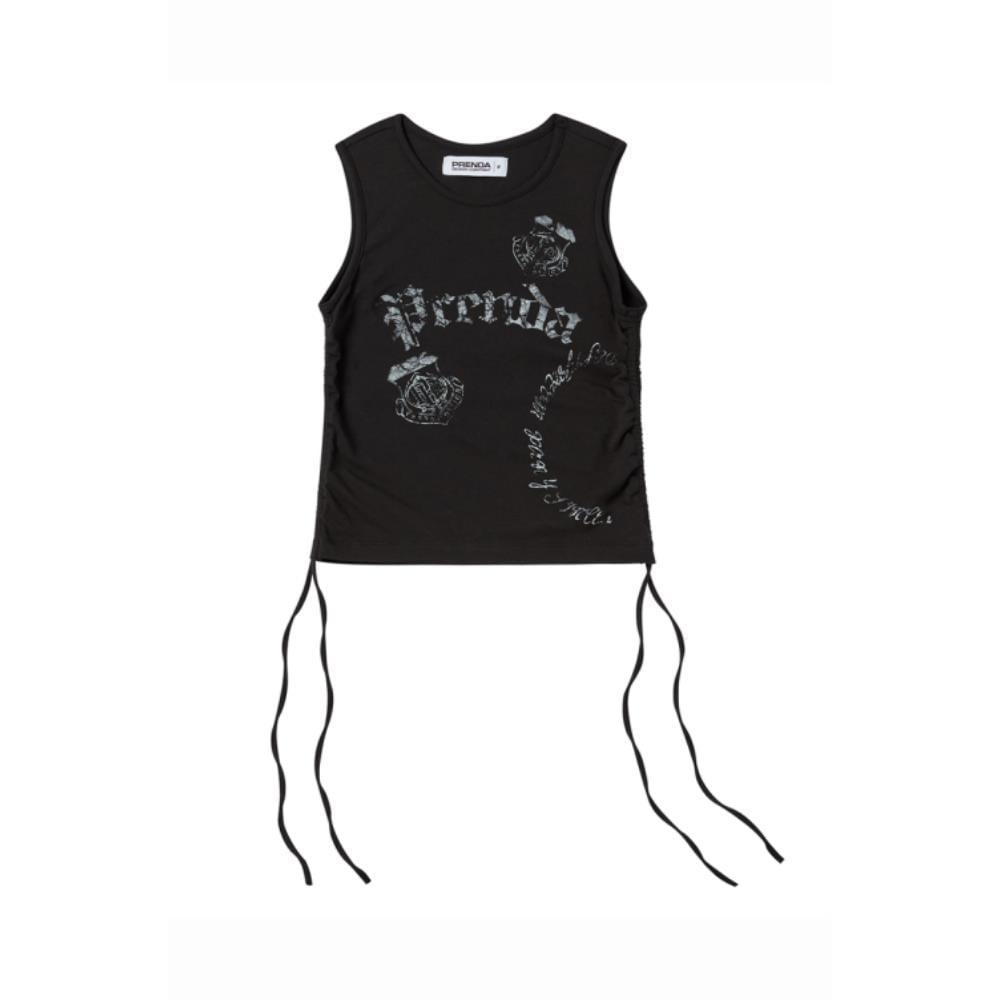 PRENDA SIDE SHIRRING VINTAGE LOGO SLEEVE LESS BLACK PRTV