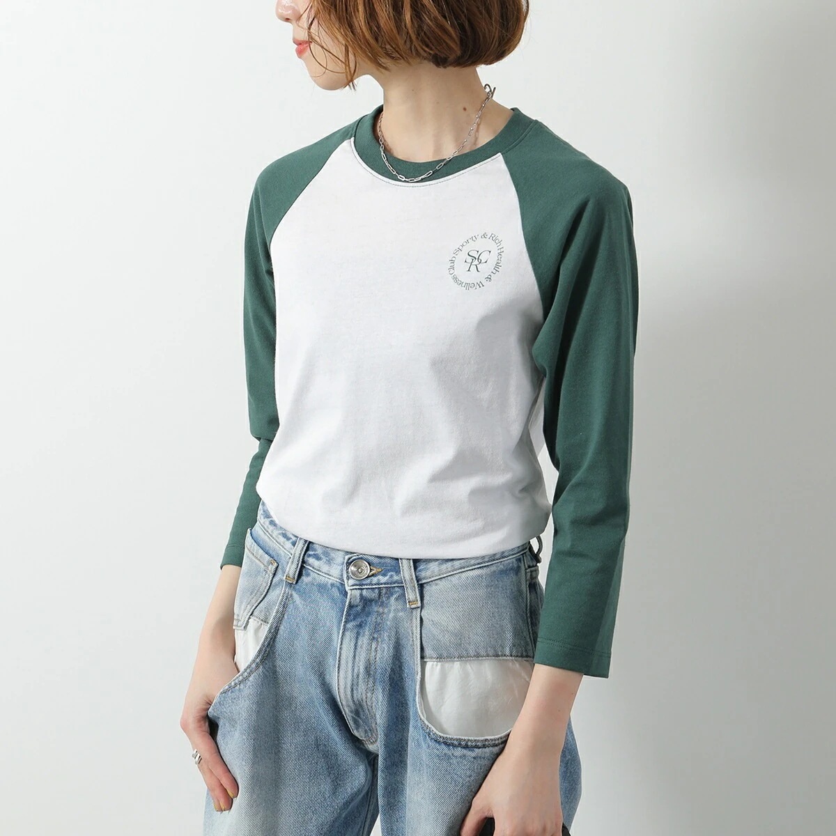 SPORTY＆RICH スポーティアンドリッチ Tシャツ BTAW231 レディース 七分袖 カットソー ラグラン クルーネック コットン ロゴ WHITE 【mega】