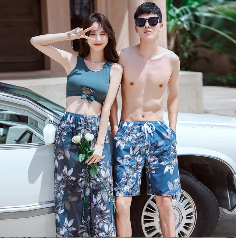 【送料無料】水着 男女セット ペア水着 カップル水着 お揃い レディース メンズ セット水着 ペアルック 体型カバー セパレート水着 ショートパンツ パレオ風スカート 4点セット タンキニ みずぎ ビ
