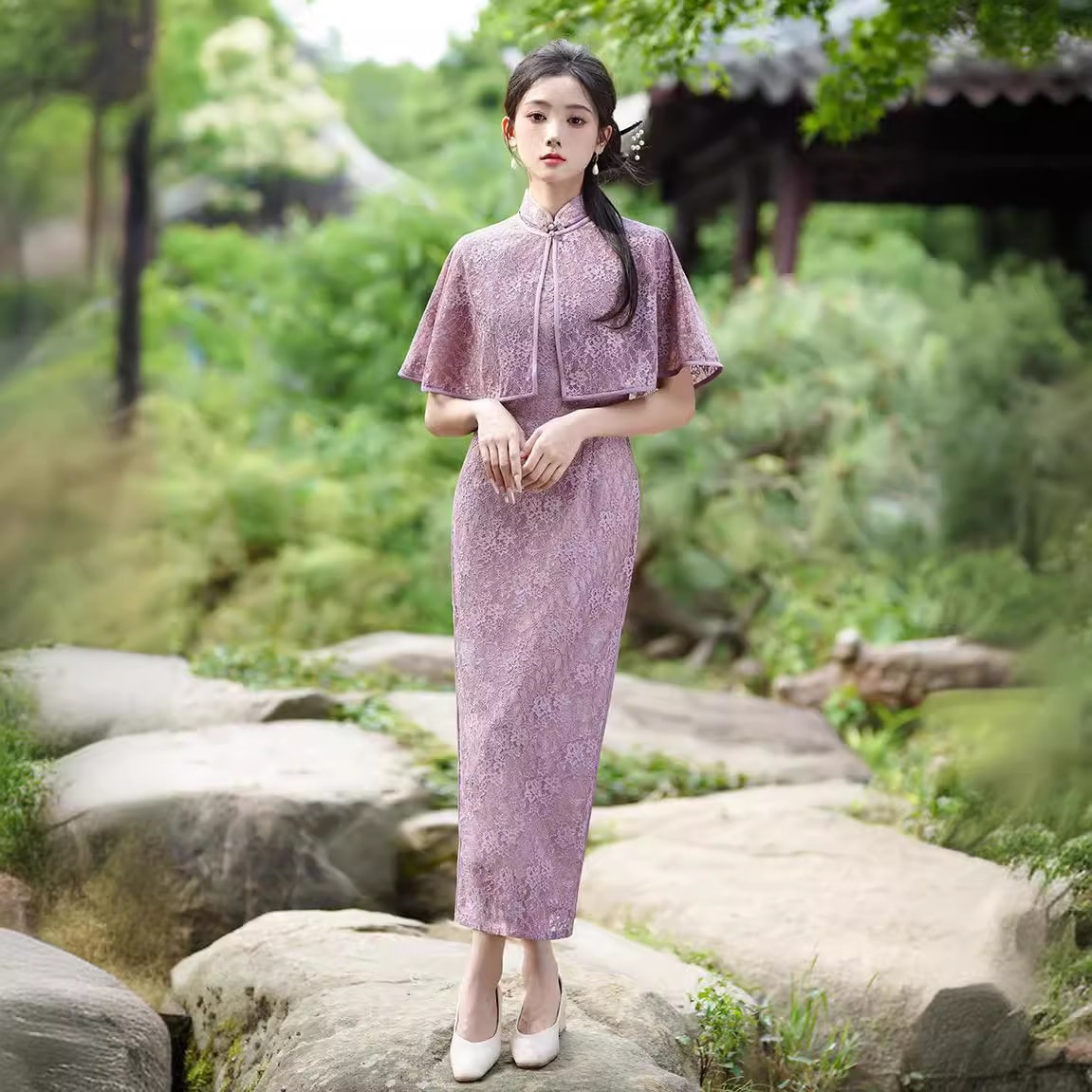 2025春夏改良型チャイナドレススリムフィットデイリーホワイトレース2点セット優しいロングチャイナドレス 5,214円