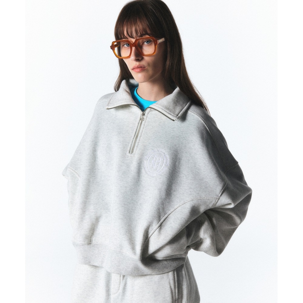 PARTIMENTO レディースクラシックロゴハーフジップアップスウェットシャツ_メランジ