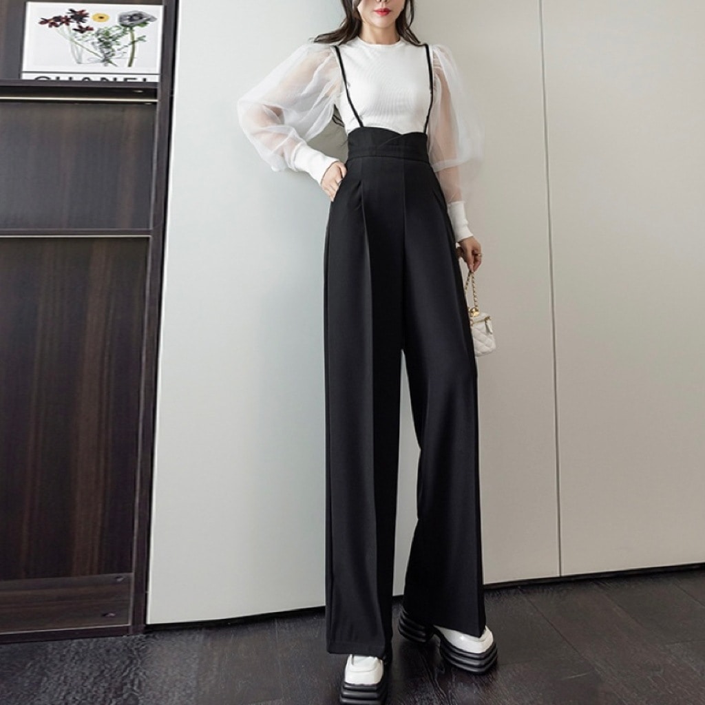 レディース パンツ ボトムス サロペット オーバーオール ロングパンツ ロング 丈長 袖なし 襟なし ストレート ファスナー ポケット ハイウエスト 大人可愛い きれいめ 上品 おしゃれ かっこいい