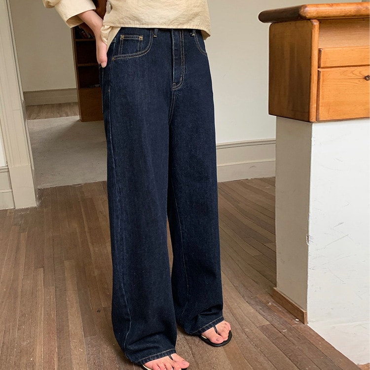 Han Xun 多用途スリムダークブルージーンズ女性用 2024 秋の新作ストレートルーズハイウエストパンツ 22899