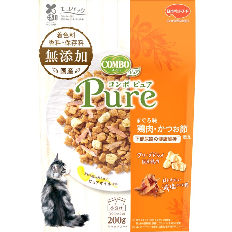（まとめ買い）日本ペットフード コンボ キャット ピュア ドライタイプ まぐろ味/鶏肉/かつお節添え 200g （100gx2袋）猫用フード [x12]