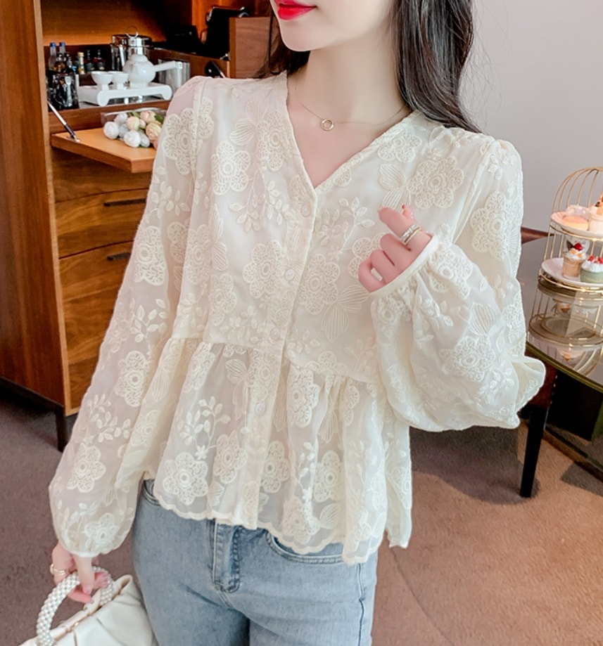 トップス デート モテアイテム シャツ ブラウス 長袖 レース 刺繍 シフォン 可愛い きれいめ 上品 おしゃれ かっこいい 可愛い ラブリー キュート ガーリー クール モード系 セクシー