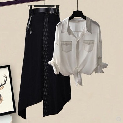 トップス アシンメトリースカート セットアップ ロング丈 長袖 ブラウス アシンメトリー デザイン 美ライン ニュアンス 2色展開 レイヤード 2点セット ツーピース 2点セット カラバリ かわいい