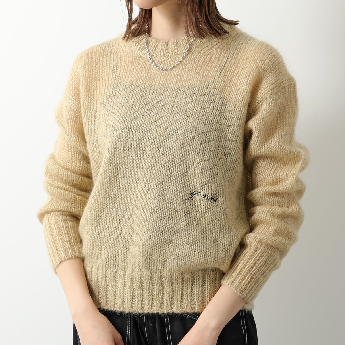 GANNI ガニー ニット Mohair O-neck Pullover K1918 2597 レディース セーター クルーネック プルオーバー モヘア ウール混 ロゴ 長袖 531/Pale-Kha