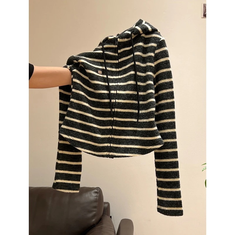 女性用ストライプ柄長袖フード付きニットベースレイヤースウェットシャツジャケット2025年春スリムフィットカーディガントレンディ