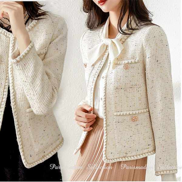 お得セットノーカラージャケット　ゴージャス　ホワイト　上品　入学式　結婚式　イベント 大きいサイズ有り　Ｓから2L通勤20代30代40代50代60代