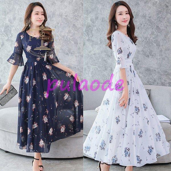 ワンピース レディース 40代 春夏 半袖 きれいめ シフォンワンピース ロング 花柄 チュニック 大きいサイズ パーティードレス おしゃれ 韓国風 上品 着痩せ 新品