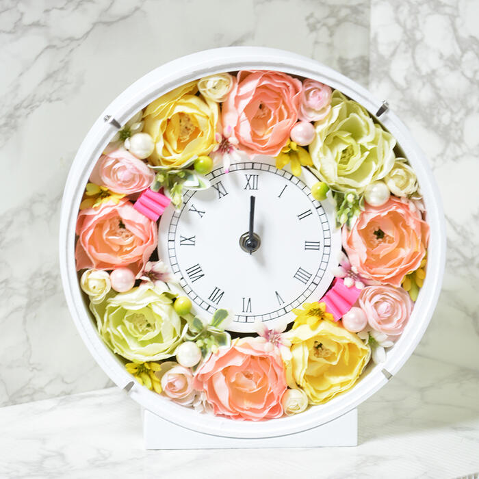 アーティフィシャルフラワー 花時計 オレンジイエロー ラナンキュラス フラワーギフト 花 贈り物 プレゼント 開店祝い 引越し祝い 開業祝い 結婚祝い