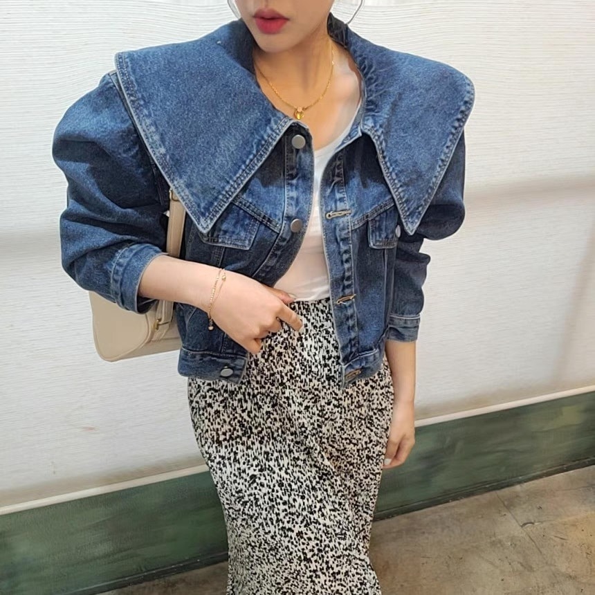 ビッグカラーショート丈デニムジャケット デニムジャケット Gジャン 水色 ライトブルー 青 ブルー ネイビー 紺 韓国 オルチャン レディース 大きめ襟 フロントボタン ブルーデニム 6,442円