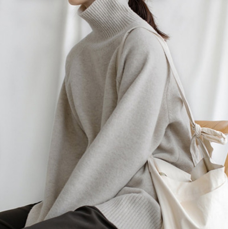 ニット セーター チュニック 長袖 タートルネック ハイネック ストレート Iライン 裏起毛 大人可愛い かわいい シンプル カジュアル ルーズ 秋 冬 デート お出かけ 暖かい XL ホワイト