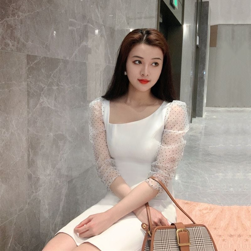 ワンピース レディース ドレス 黒 白 ひざ 丈 透け感 上品 エレガント きれいめ かわいい シンプル カジュアル おしゃれ 着痩せ 細見え 二次会 ドット 休日 デート パーティー イベント