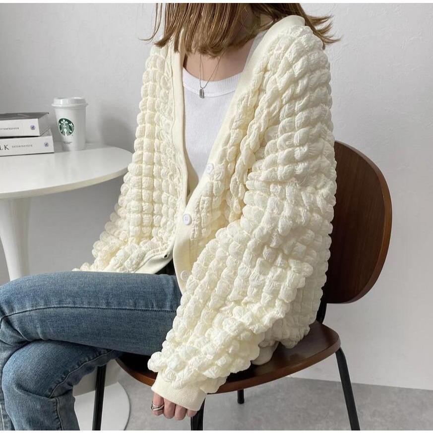 ニットカーディガン レディース ジャガード織 春 秋冬 無地 長袖 Vネック ボタン付き リブニット コート 前開き なで肩 ドロップショルダー