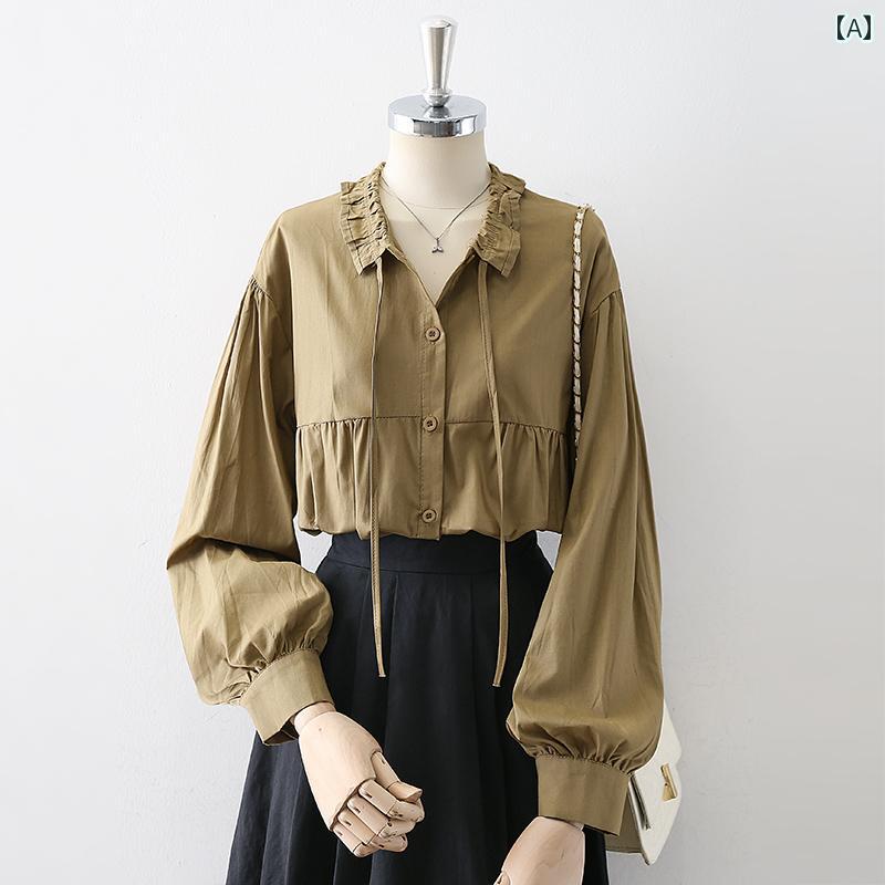 レディース シャツ ブラウス トップス 長袖 春秋 フリル レースアップ レトロフレンチ ランタンスリーブ 立ち襟／開襟 ループリボン 白 薄茶 無地 シフォン フェミニン