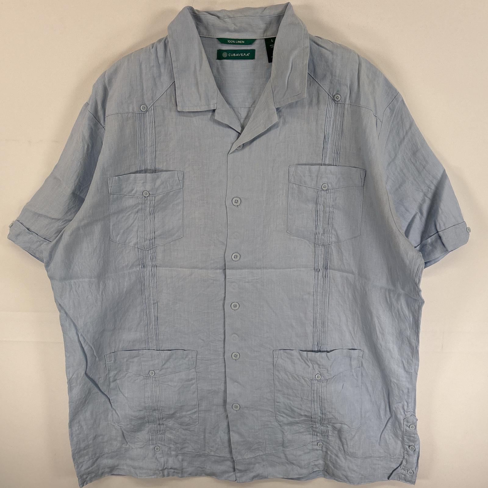 古着 CUBAVERA 半袖シャツ リネンシャツ キューバシャツ 4つポケ L 水色 無地 メンズ