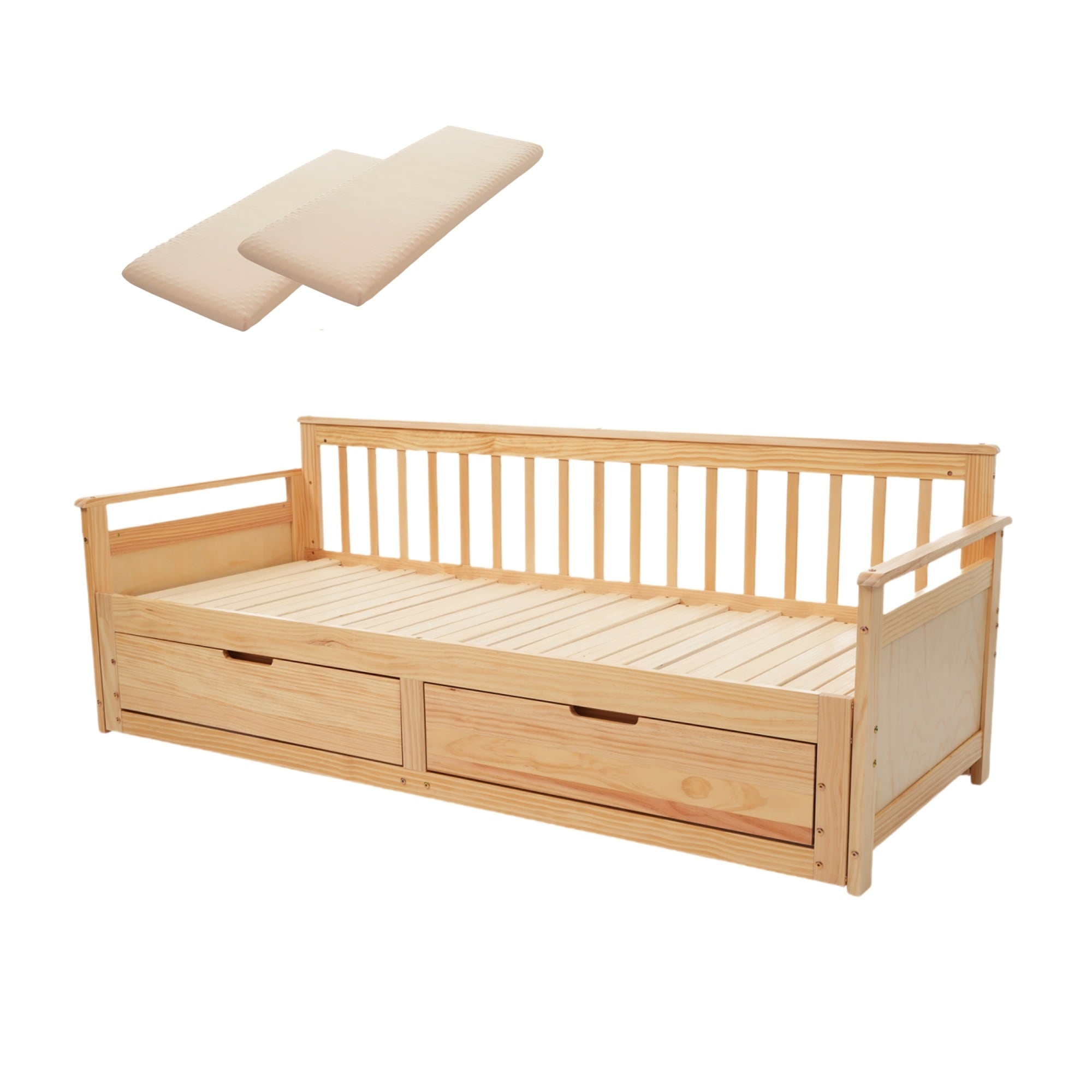 【現地発送.送.料.無.料！】【幅70cmマット2個付】ソファベッド ディベッド 伸長式ベッド 木製 引き出し付き 収納付き おしゃれ 2way 天然木 パイン材 すのこ仕様【ナチュラル】420