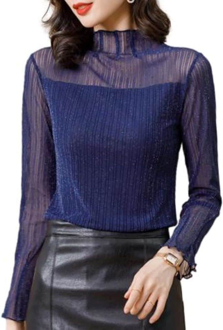 シアーラメトップス 裏地付き ストレッチ素材 ハイカラー 長袖 透け感 コリアンファッション れでぃーす 出勤オケージョン 通気性 十分袖 凹凸生地 おしゃれブラウス(ブルー, XL)