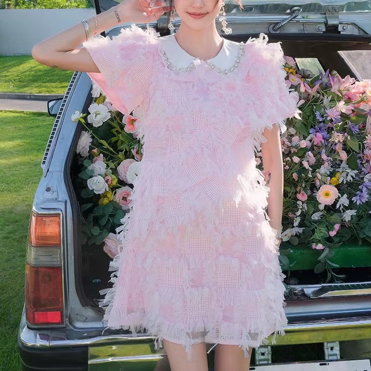 高級感　フリンジミニワンピース　半袖　人気夏コーデ　可愛いドレス　誕生日　結婚式