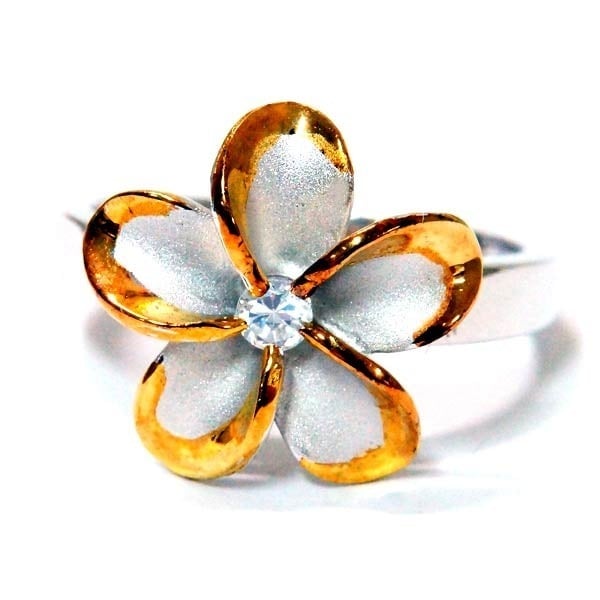 ハワイアンジュエリー リング プルメリア 一輪花 フラワー クリアジルコニア イエローゴールド ペアカラー レディース シルバー925