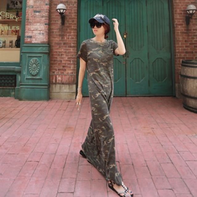ワンピース ロング 大きいサイズ ワンピース 夏 マキシ丈 半袖 マキシワンピース 迷彩柄 クルーネック ミリタリー アメカジ