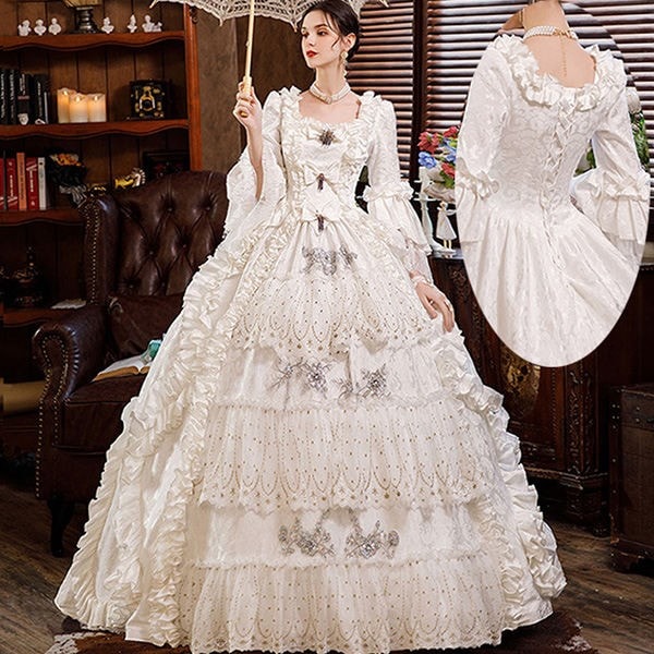 ドレス レディース ロングドレス 貴族ドレス 中世ヨーロッパ お姫様 プリンセスドレス カラードレス 長袖 フリル スクエアネック アンブレラスリーブ 華やか ボリューム ゴージャス ステージ衣装 貴