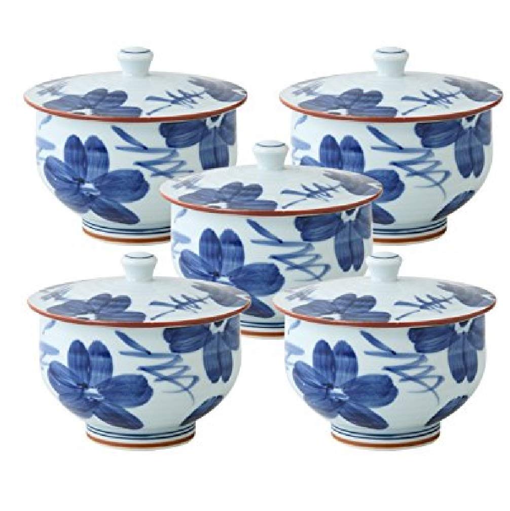 5個セット 蓋付煎茶 染花紋蓋付汲出 [9.5 x 8cm(180cc)] 有田焼 強化 和食器 酒器 料亭 旅館 業務用