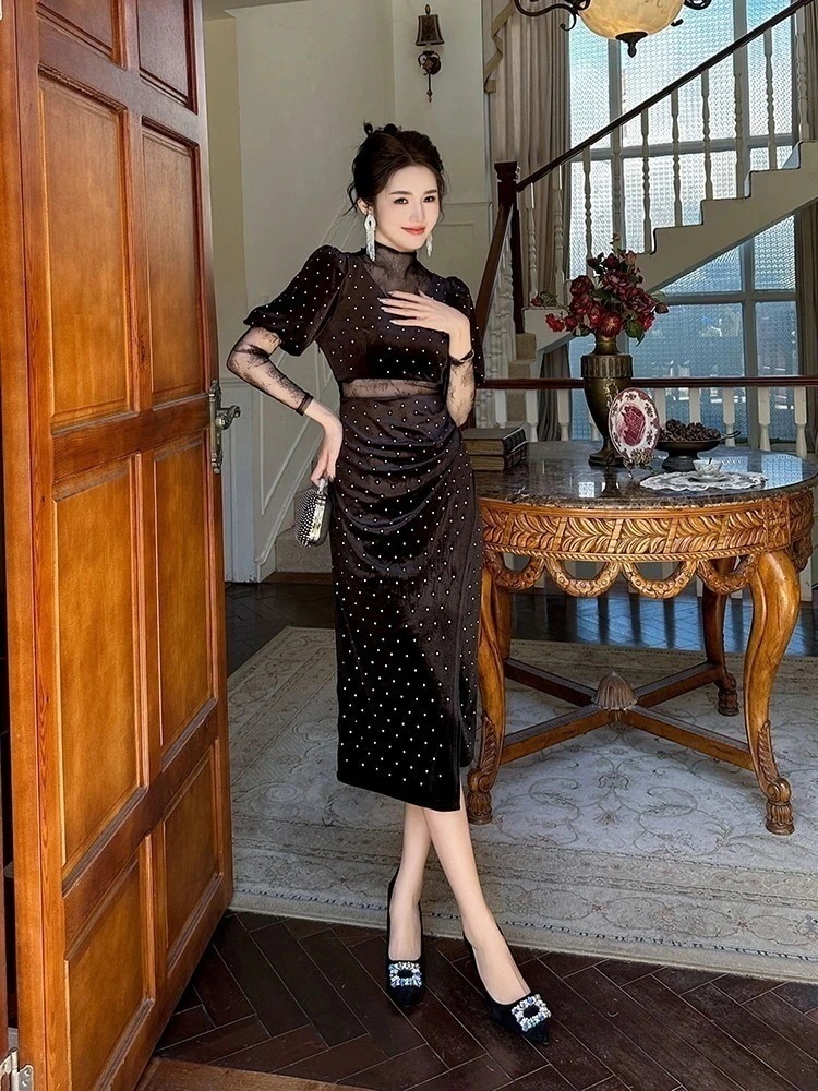 秋冬 レース ワンピース 水玉 スリット パーティードレス キャバ 着痩せ 大人 お呼ばれ 同窓会 披露宴 卒業式 結婚式 ウェディング 二次会30%までに制限