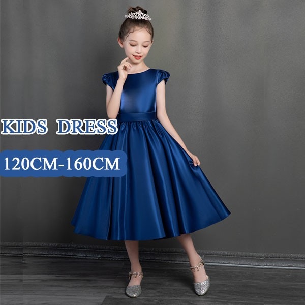 キッズドレス ドレス 子供服 女の子 ガール ピアノ 発表会 子供ドレス ワンピース リボン ネイビー 袖あり 半袖 パフスリーブ ミディ丈 シンプル かわいい お姫様 上品 エレガント 結婚式 フォ
