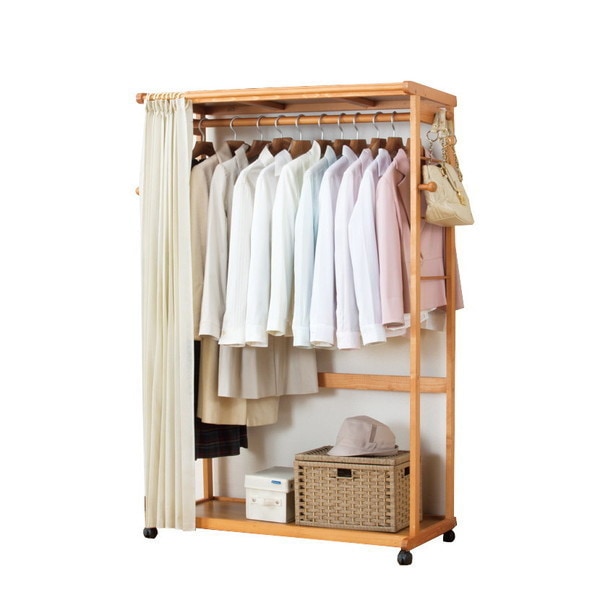 ファミリーライフ 天然木カーテン付きシングルハンガー90cm幅 (03709) メーカー直送