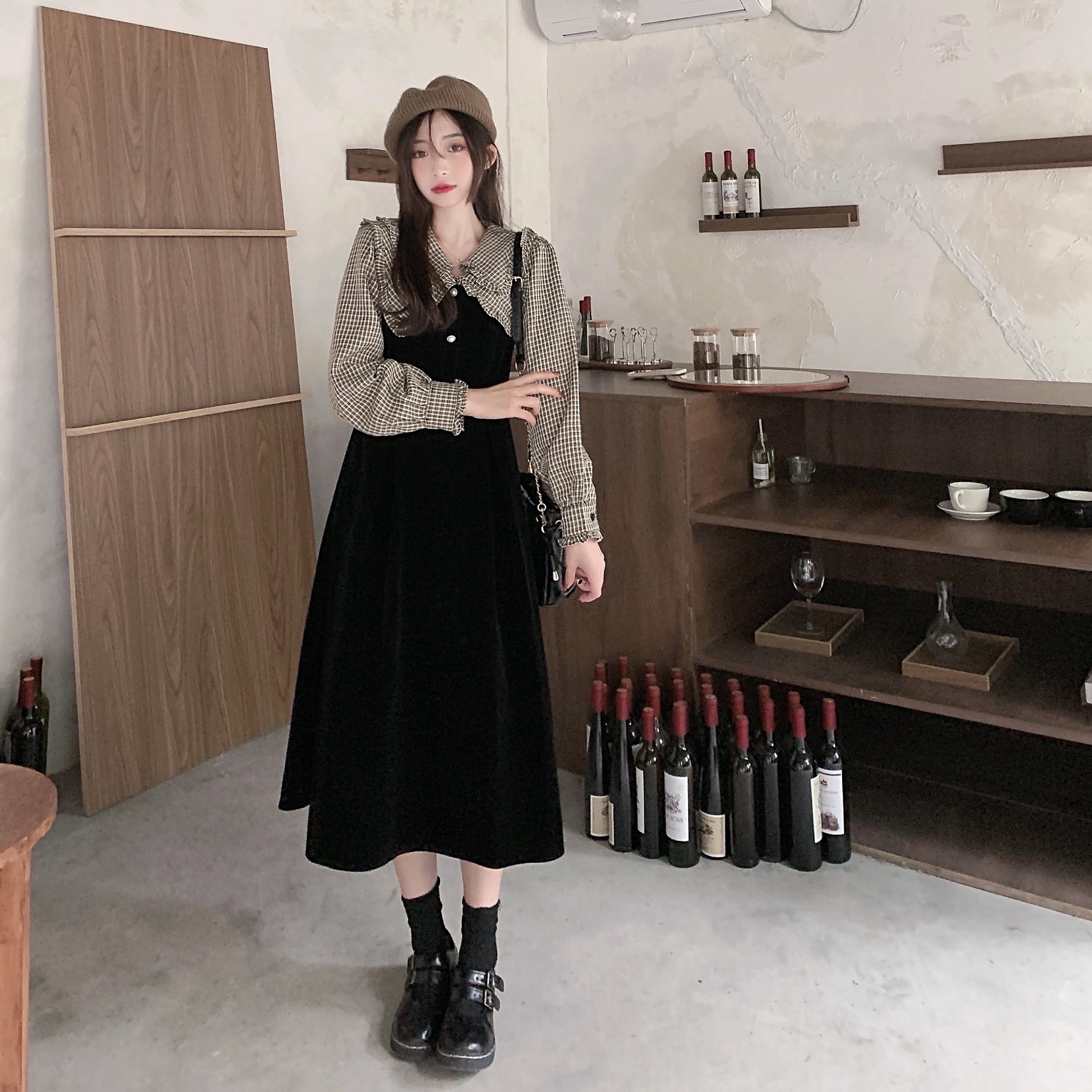 ワンピース ワンピドレス ミモレ丈 袖あり 長袖 襟付き ビッグカラー Aライン フリル ハイウエスト かわいい 大人可愛い 上品 おしゃれ レトロ こなれ感 ラブリー キュート エレガント モダン