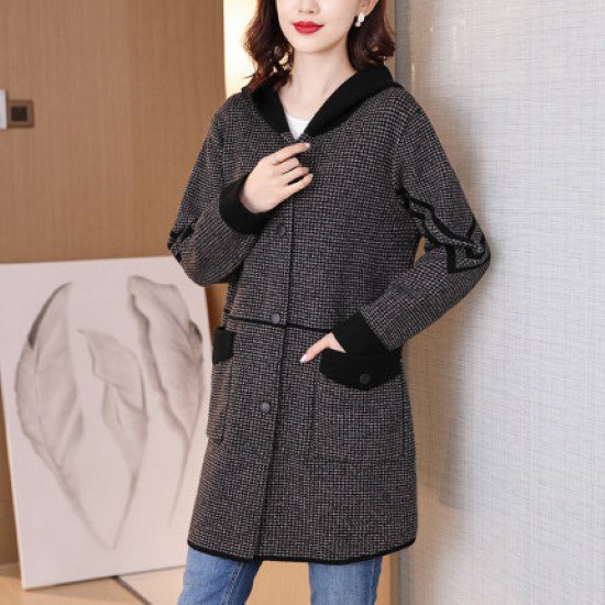 【取寄：納期2週間】フード付きジャケット レディース コート ミドル丈 長袖 アウター 羽織 カジュアル お出掛け 秋冬 ボタン ポケット おしゃれ 大きいサイズ ジャケット バックデザイン