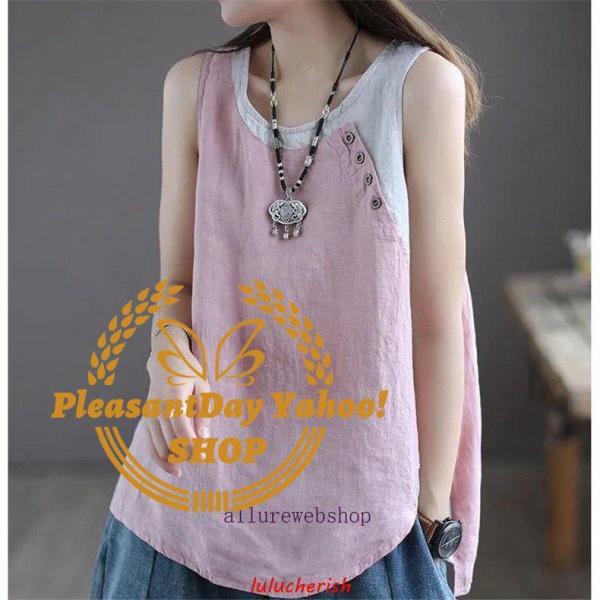 トップス ノースリーブ レディース Uネック 丸首 無地 大きいサイズあり シンプル 自然な風合いの綿麻素材使用 薄手トップス ナチュラル感たっぷり