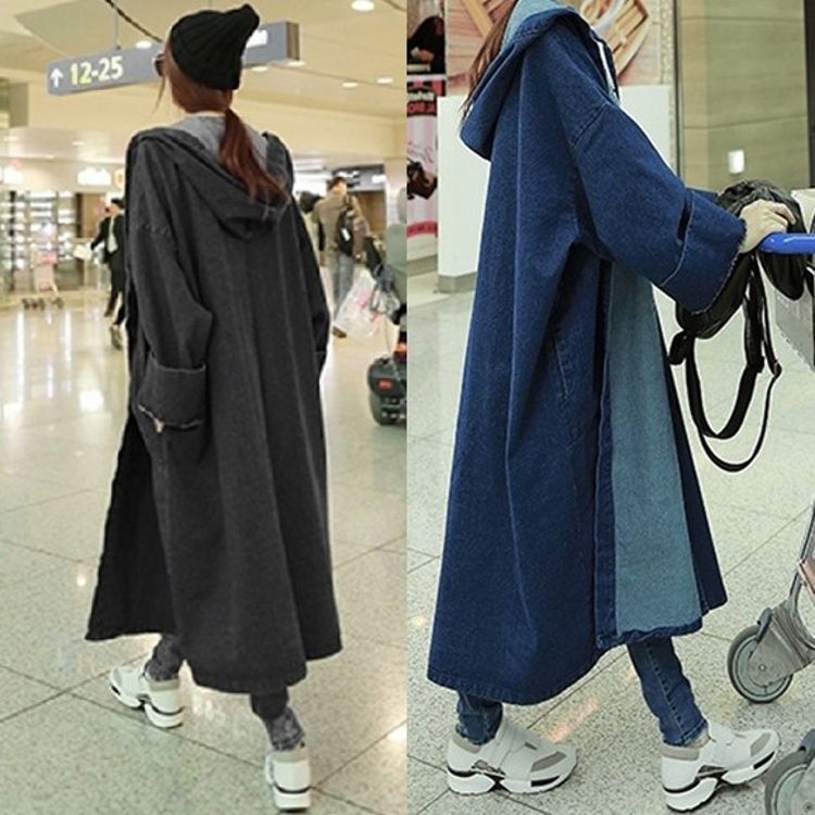 ゆったり春秋フート付きレディースロング丈アウターコート春コートロングコートフート付きおしゃれアウター