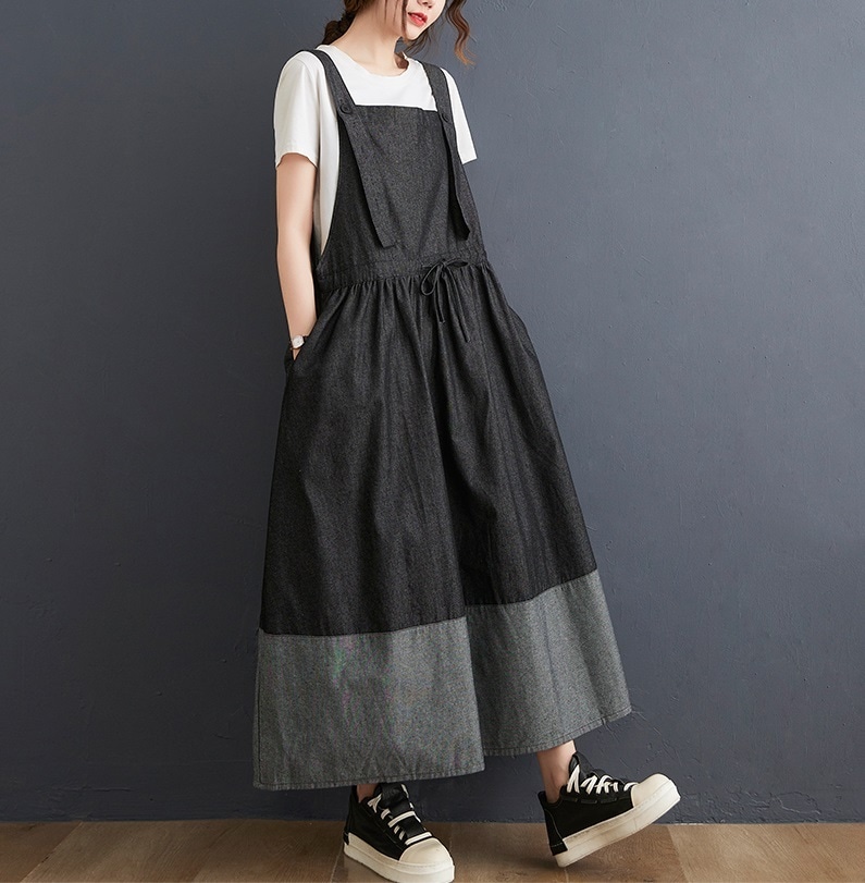 ショルダー ワンピース デニムワンピース ロング丈 袖なし Aライン ウエストリボン かわいい 大人可愛い シンプル カジュアル 大人 おしゃれ レトロ 大人可愛い ラフ ガーリー 無地 夏 10代