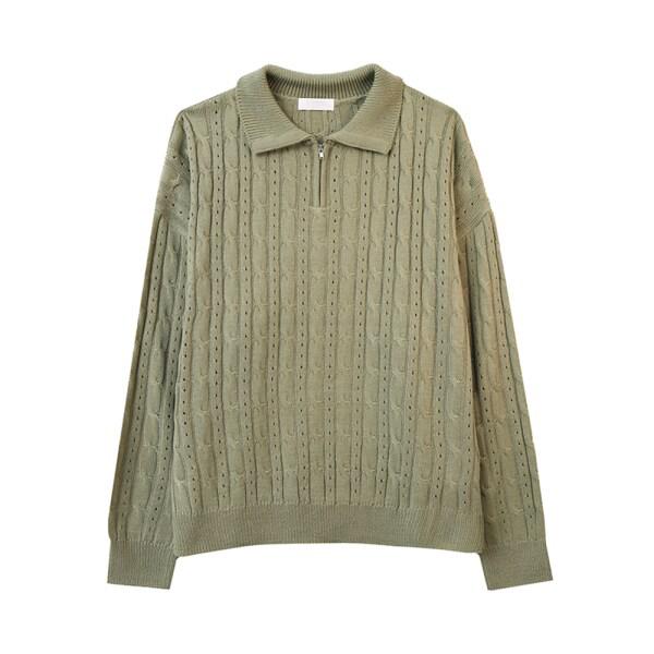 メンズニットカラーネック 春セーター カーディガン ベスト スウェットパンツ パンチング ハーフジップ ニット DS-KN-Q045-オリーブ