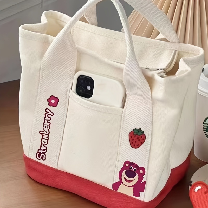 かわいいクマの刺繍が施されたシックなキャンバストートバッグ - 女性用の広々としたショルダーハンドバッグジップクロージャー動物プリントデザイン - ホワイト/レッドで利用可能