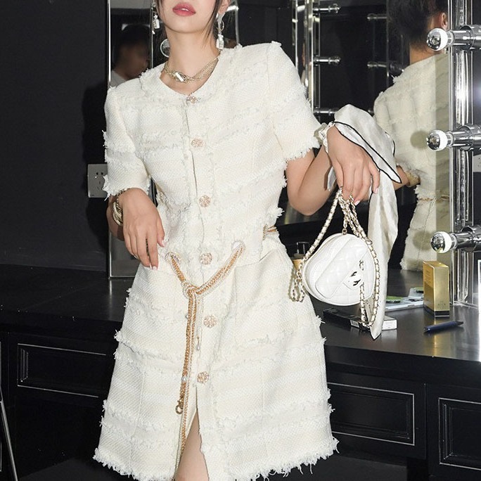 ホワイトシャネル風ワンピース夏婦人服気質ウエストスカート