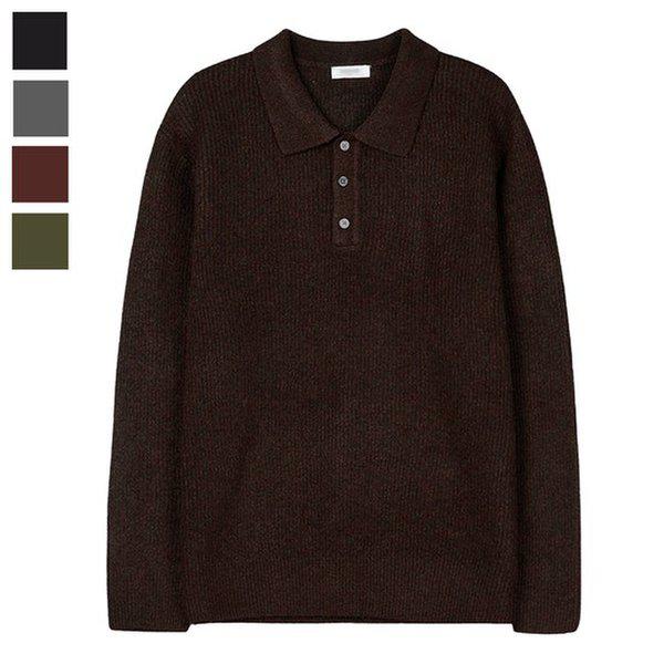 メンズ中間の季節の半分のボタンカラーネック長袖ニットティーGN-KN-Q017-ブラウン