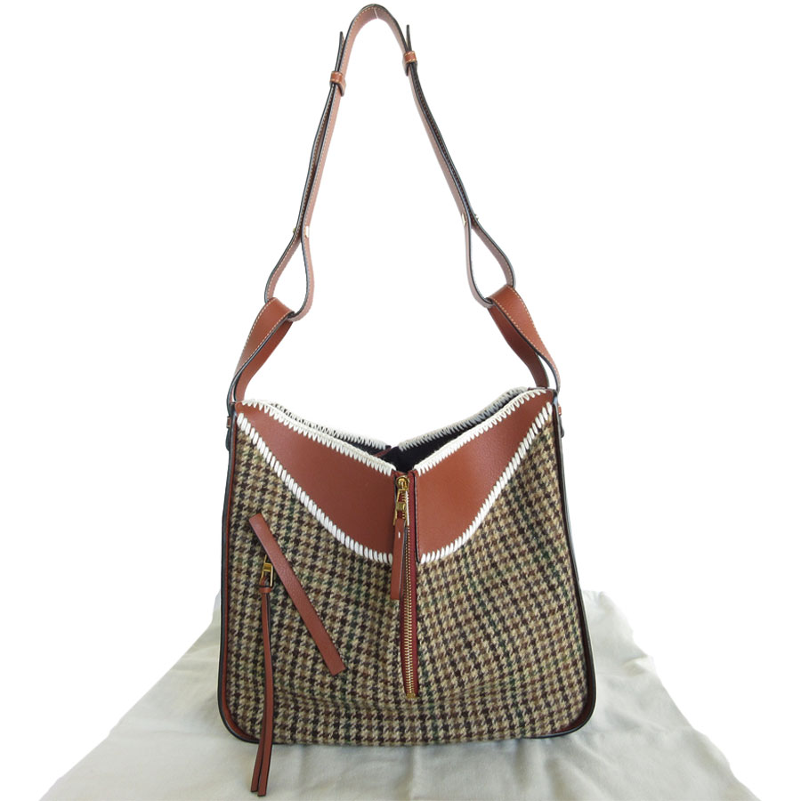 ロエベ LOEWE ハンドバッグ ショルダーバッグ ハンモック レザー/ウール ダークグリーン/ブラウン ゴールド レディース s0516g