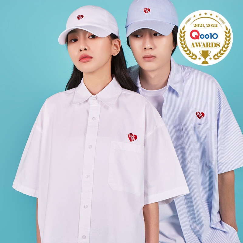 Heart Logo Oxford Over Fit Half Shirts (3color)