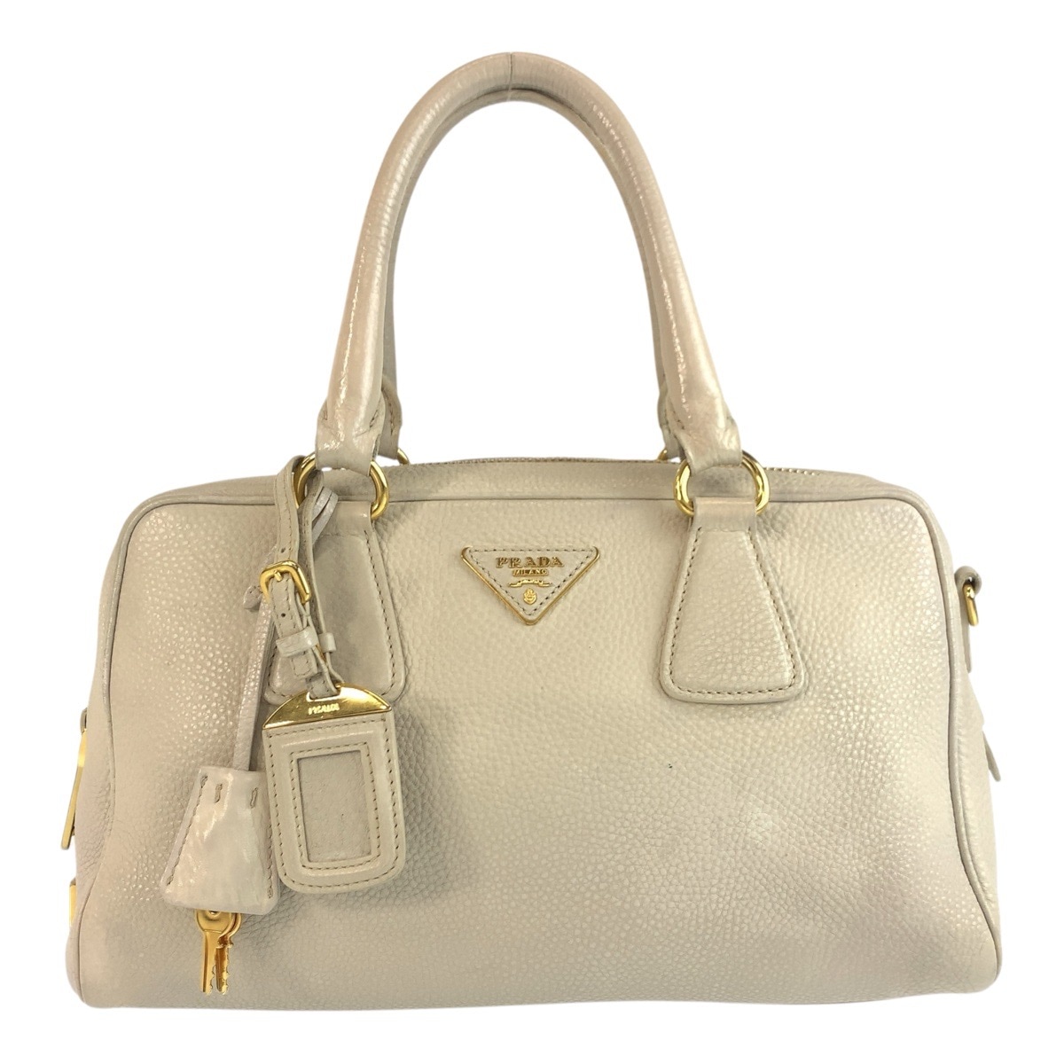 美品 ヴィッテロダイノ 三角ロゴプレート ベージュ アイボリー ゴールド金具 レザー ハンドバッグ ミニボストンバッグ レディース 504235