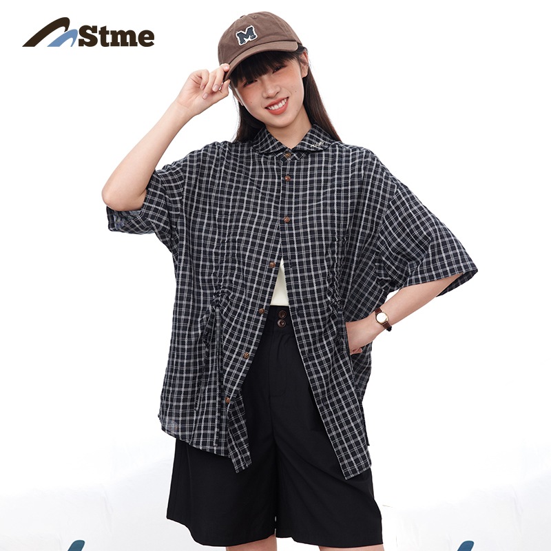 早乙女恵子 さおとめ 和風レトロオールマッチジャガードチェック柄 グリーンフルーツカラープリーツ半袖シャツ 夏