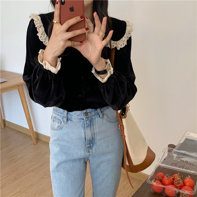 シャツ ブラウス 長袖 ボリューム袖 Vネック 襟付き レース ポリエステル かわいい 大人可愛い 4,950円