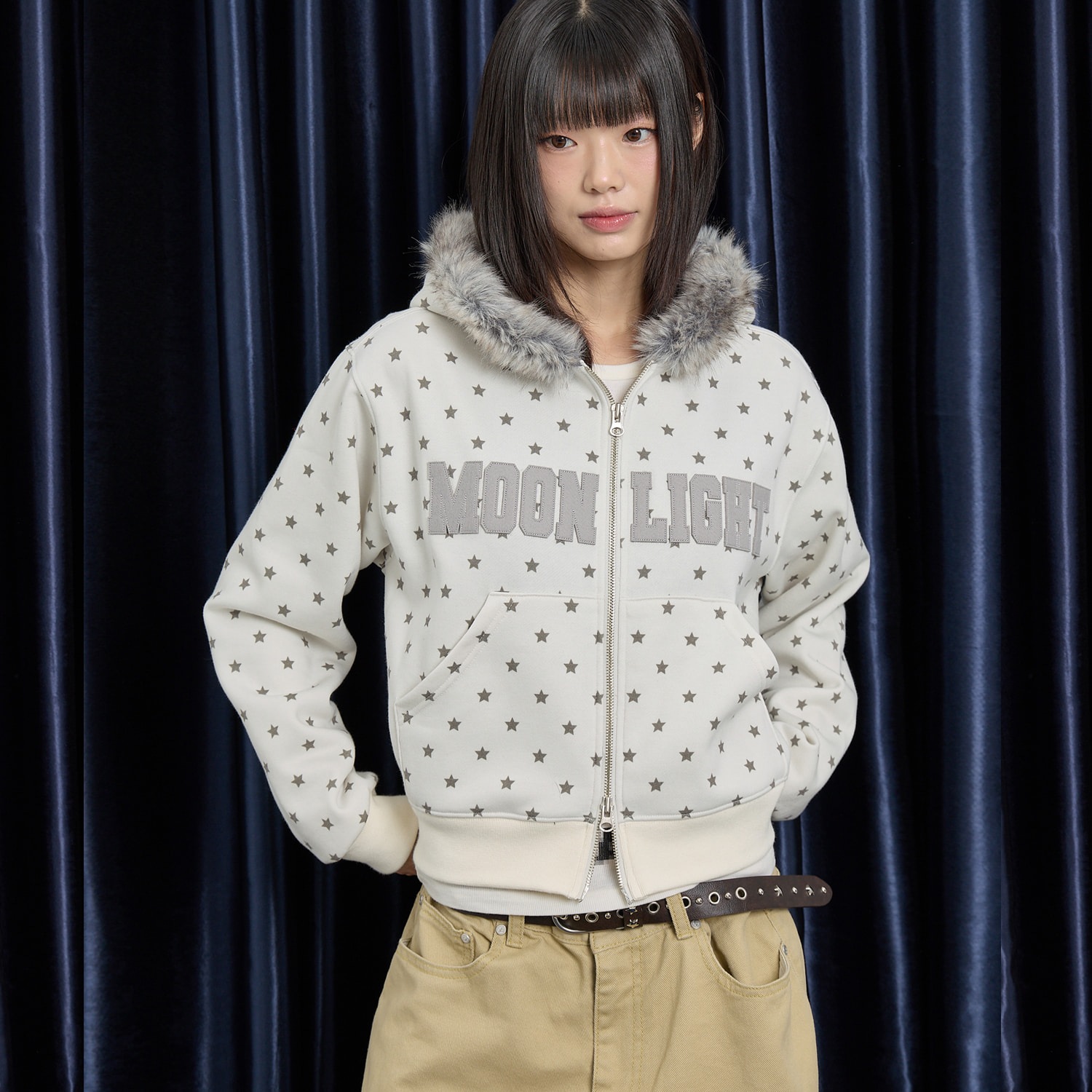 MOONLIGHT Applique Fur Hood Zip Up IVORY