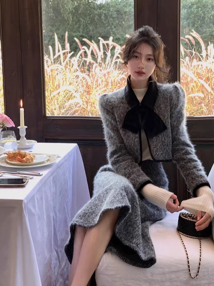 秋冬気質小スーツスカートツーピースレトロエレガントショートコートハイウエストフィッシュテールスカート